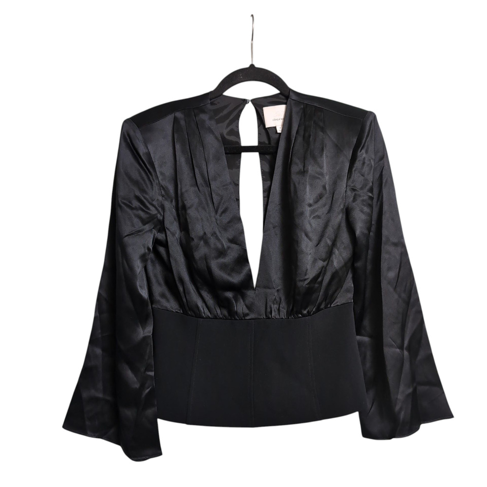 Cinq à Sept Black Satin Plunge Neck Peplum Blouse Bell Sleeves Top | Size 8